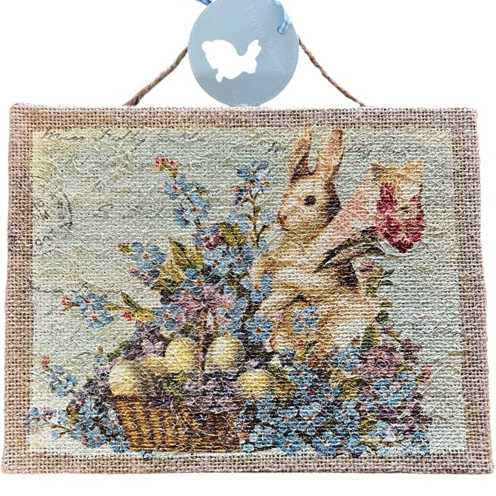 Rustic Easter Bunny Floral Canvas on Burlap Frame – Cottage Farmhouse Decor